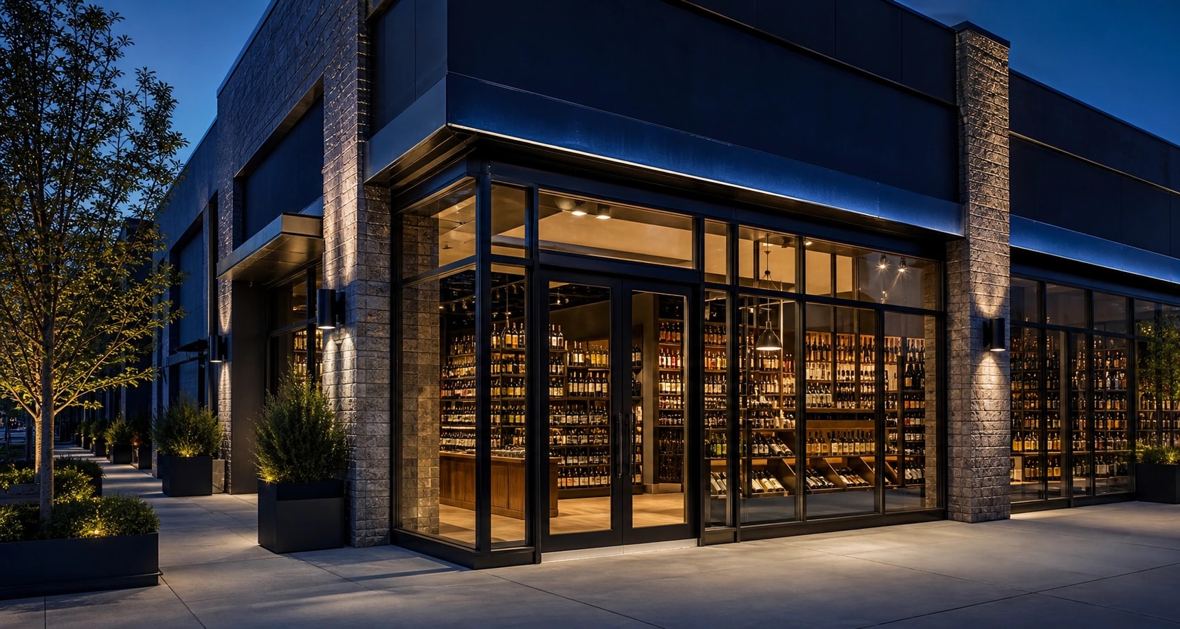 Premium liquor retail property with an illuminated storefront