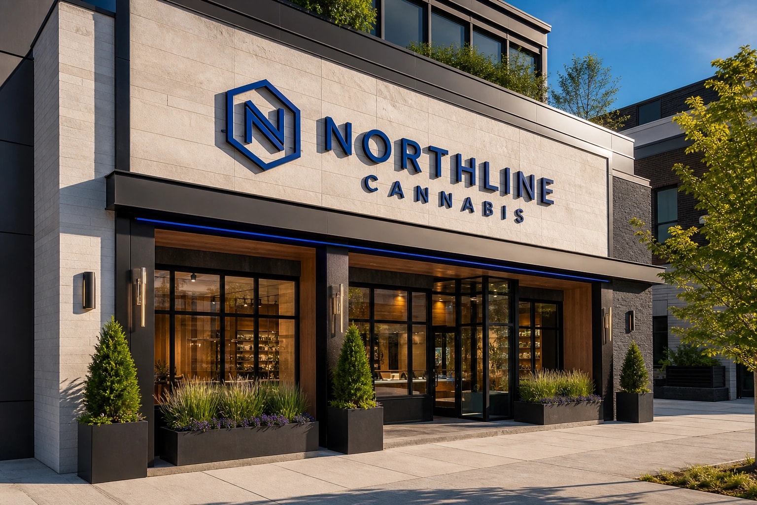 Northline Cannabis fictional dispensary storefront in daylight